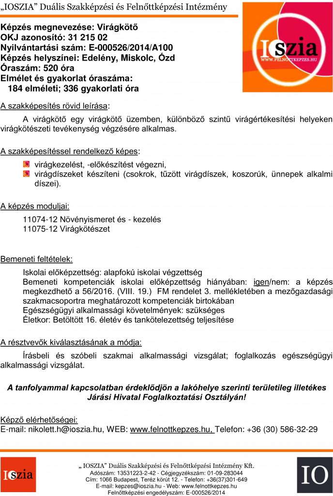 Virágkötő OKJ - Edelény - Miskolc - Ózd - felnottkepzes.hu - Felnőttképzés - IOSZIA